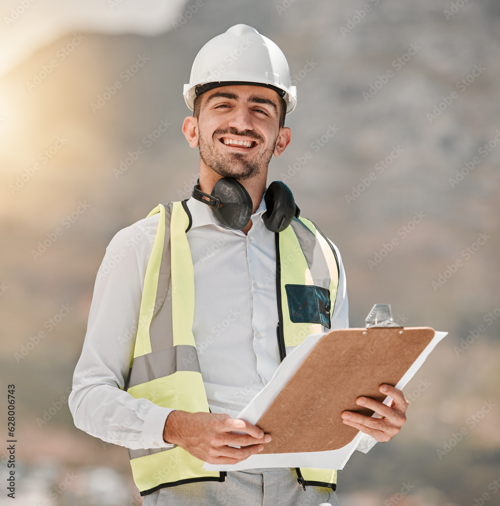 Portrait, engineering and happy man at construction site with checklist for inspection, project mana