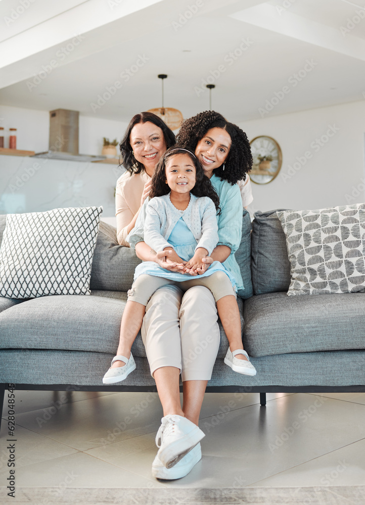 Grandmother, mother and girl on sofa for portrait in living room, home or happy together for a hug o