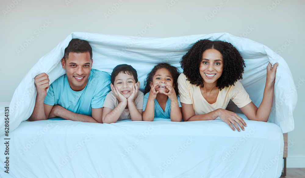 Happy, blanket and portrait of family in bed for bonding, quality time and affection in morning. Par