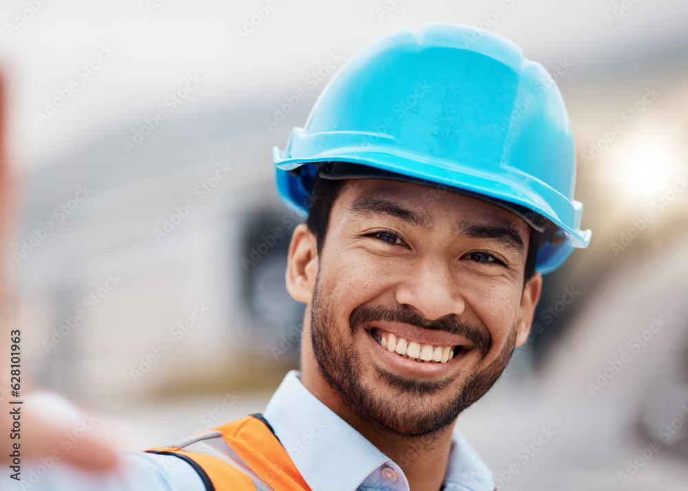 Construction worker, selfie and portrait with helmet outdoor of builder and maintenance employee. Ha