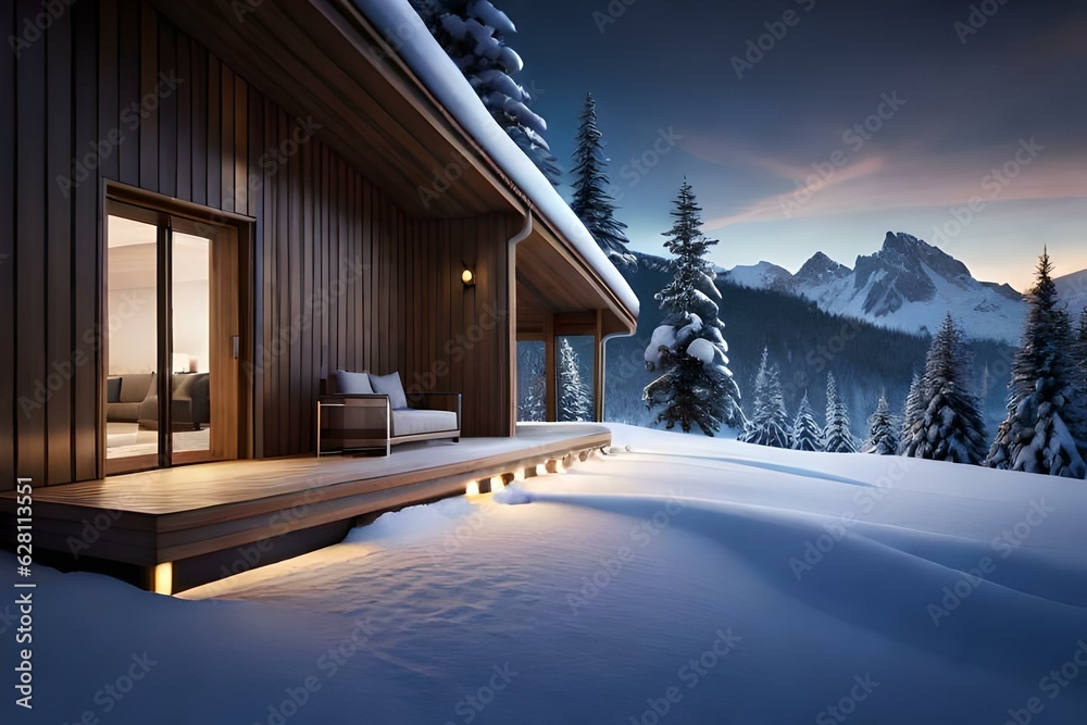 3d rendering of modern cozy chalet in winter night