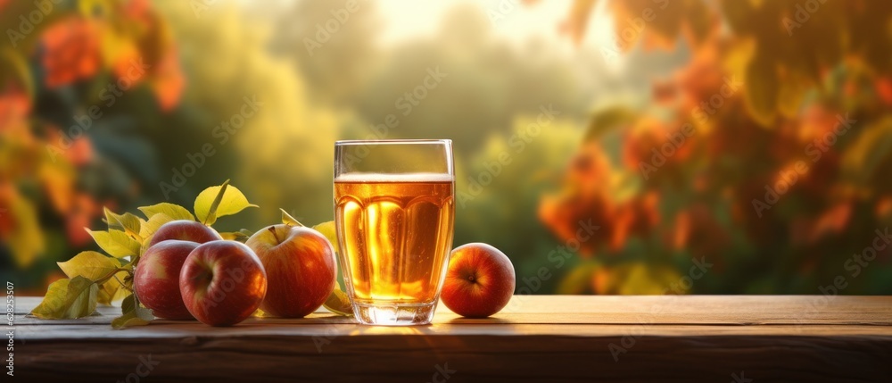 Apple cider on table with apples
