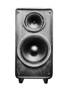 具有复古半色调效果拼贴剪裁元素的孤立音频扬声器，用于混合媒体的复古点状纹理