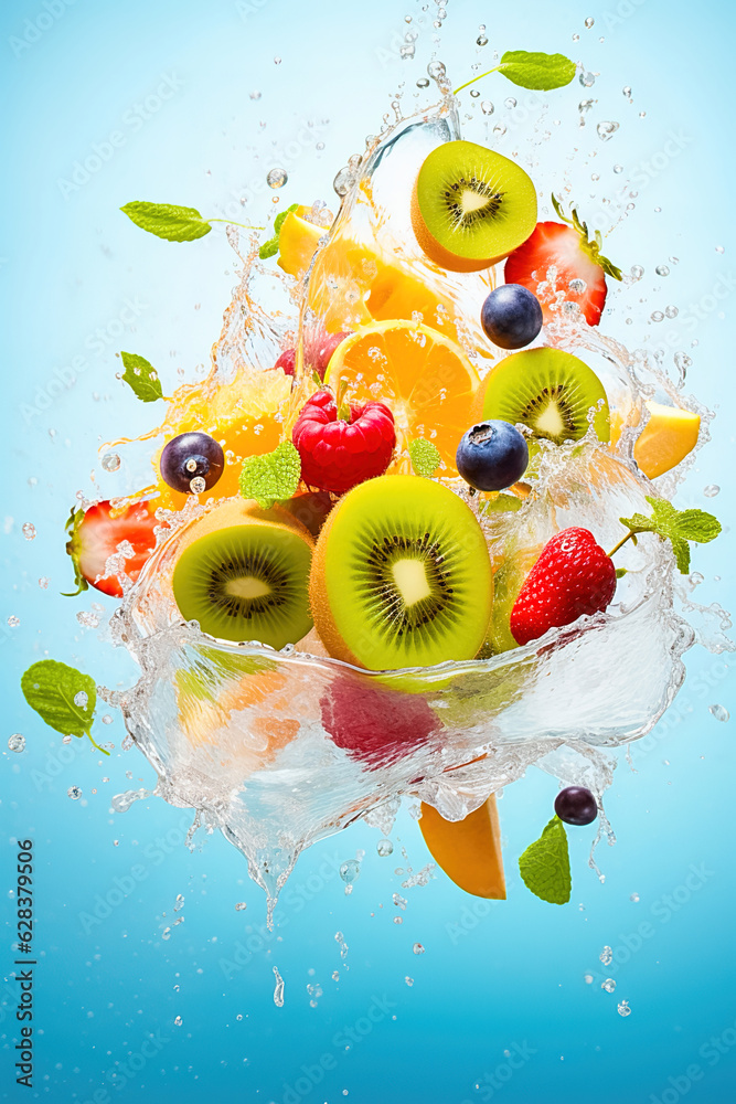 Fruit salad in splashes of water. Levitation.