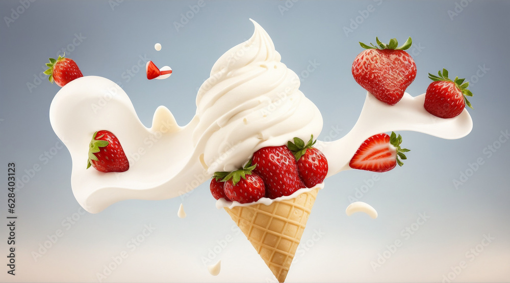Delicious ice cream cone with a white chocolate with flying strawberries. Generative AI.