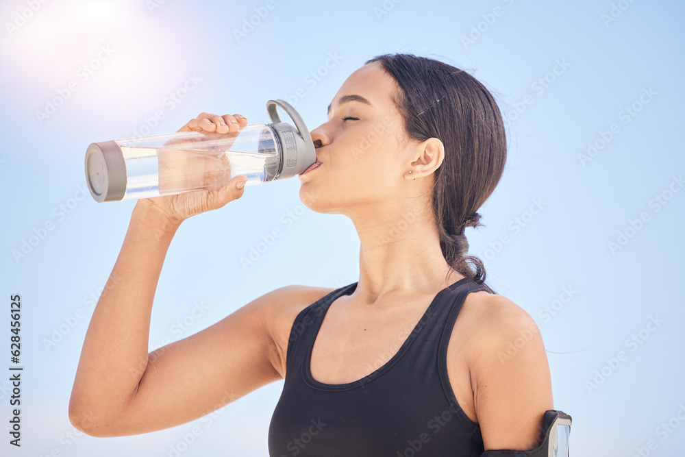 Woman, fitness and drinking water for natural nutrition or sustainability after workout, running or 
