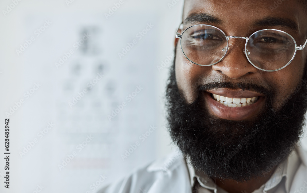 Eye exam, smile and portrait of optometrist or black man with confidence, glasses and happy service 