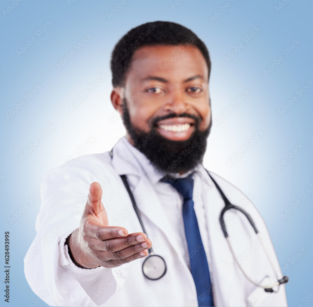 Doctor, portrait and black man in studio with hand, offer or deal, promo or announcement on blue bac