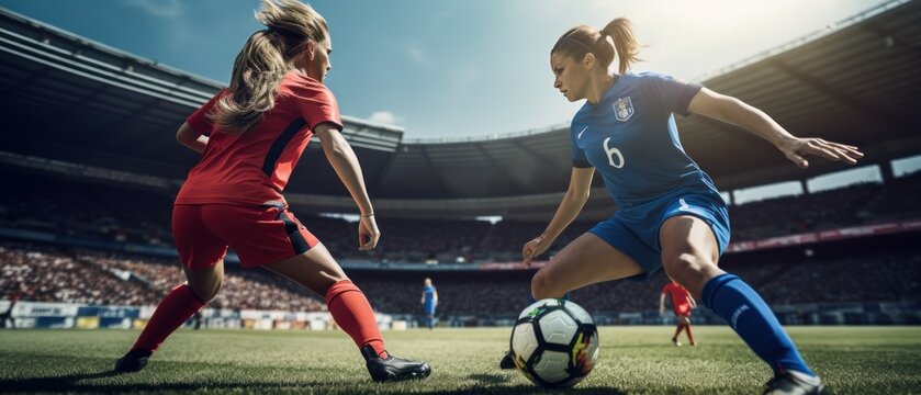 女子足球运动员身着队服在足球场上激烈对抗