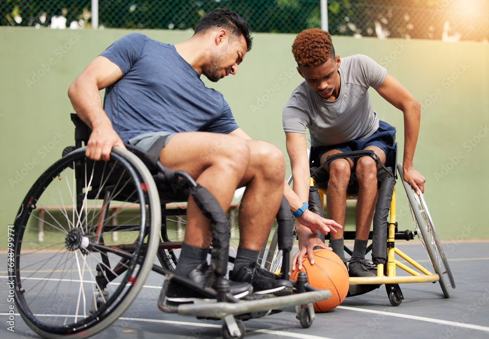 Sports, basketball and men in wheelchair playing for training, exercise and workout on outdoor court