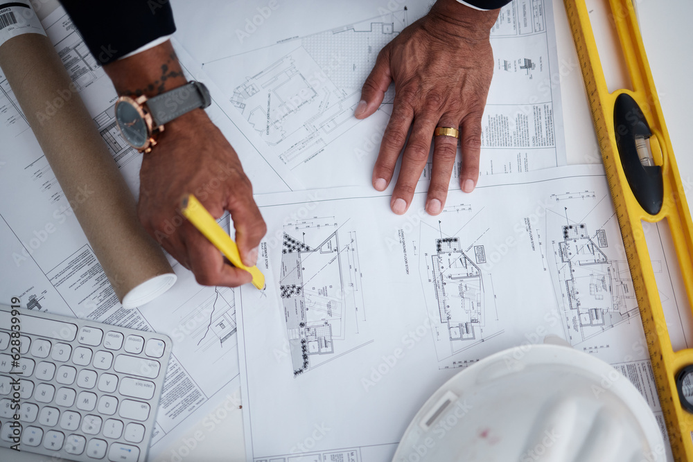 Top view of man, hands or engineering with blueprint, construction process or design illustration. C