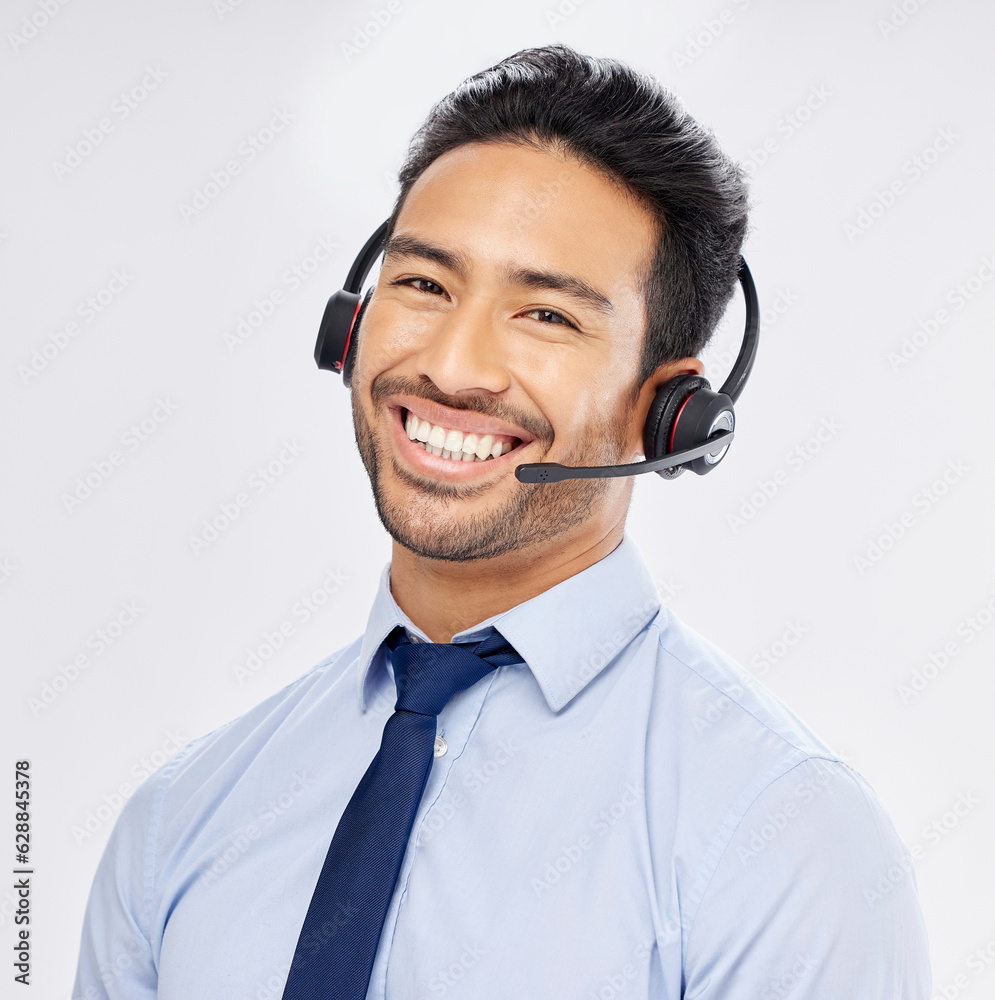 Face, call center and Asian man with headphones for telemarketing, crm support and isolated on a whi