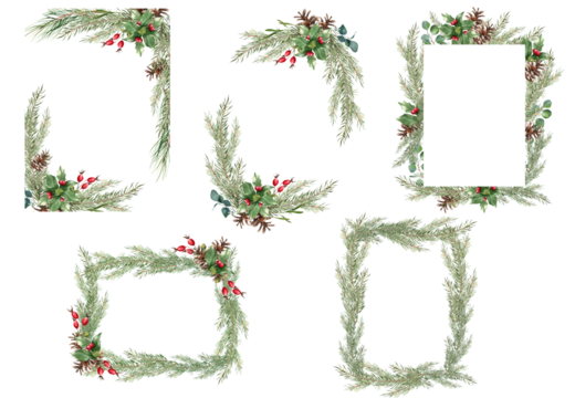 圣诞冷杉树枝框架套装。圣诞节贺卡和邀请函的边框。水彩插图。手绘冬季植物。