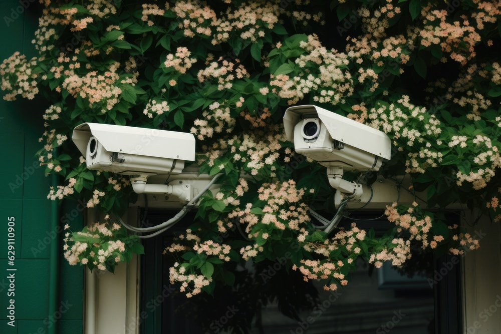 Security camera in front of house with flowers in the foreground.