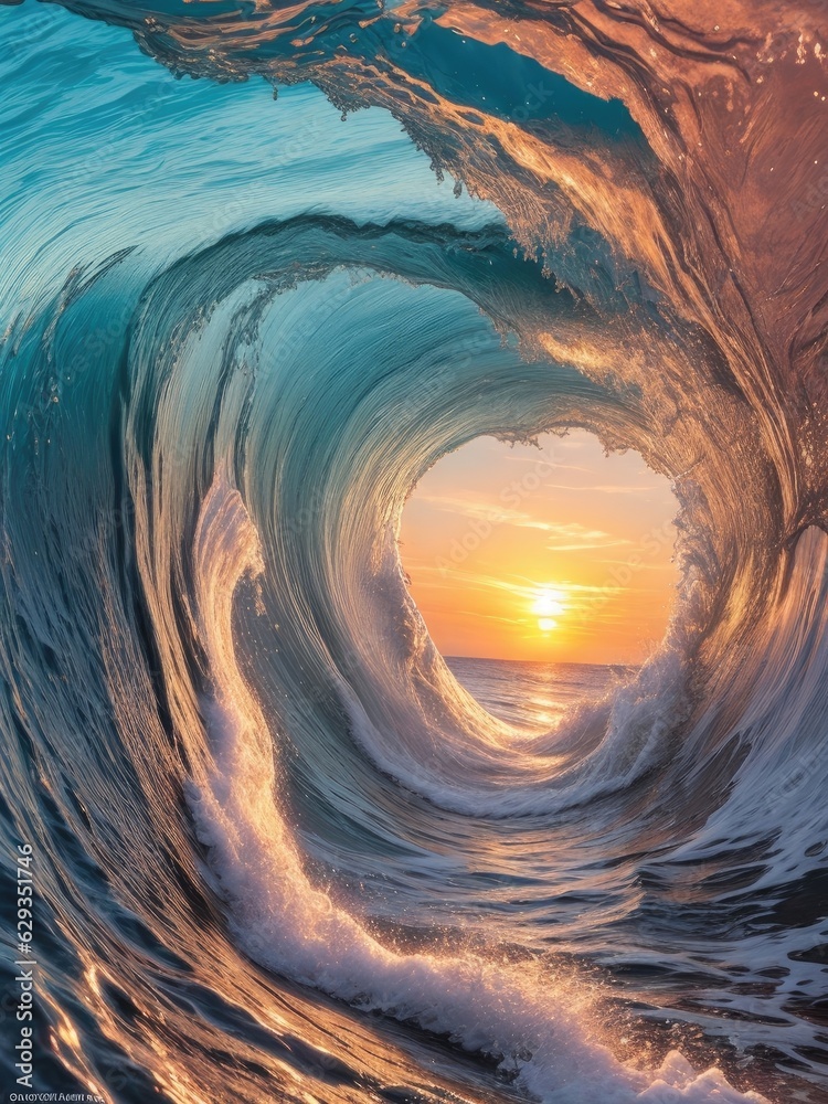 Breaking colorful ocean wave falling down at sunset time, waves at sunset, waves on the beach, sunse