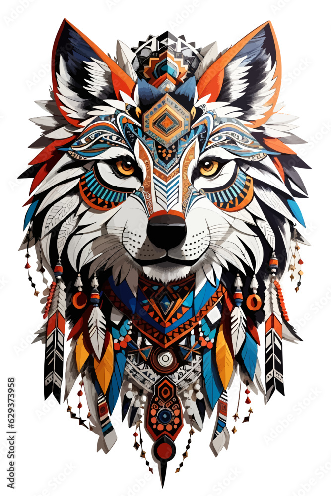 Tribal spirit animal wolf head tshirt design colorful nature vector illustration