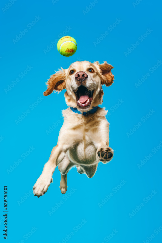 Dog jumping in the air with tennis ball in the air above his head.
