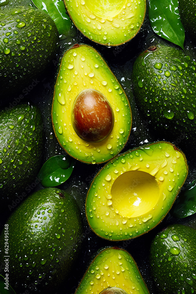Pile of avocados with drops of water on top of them.
