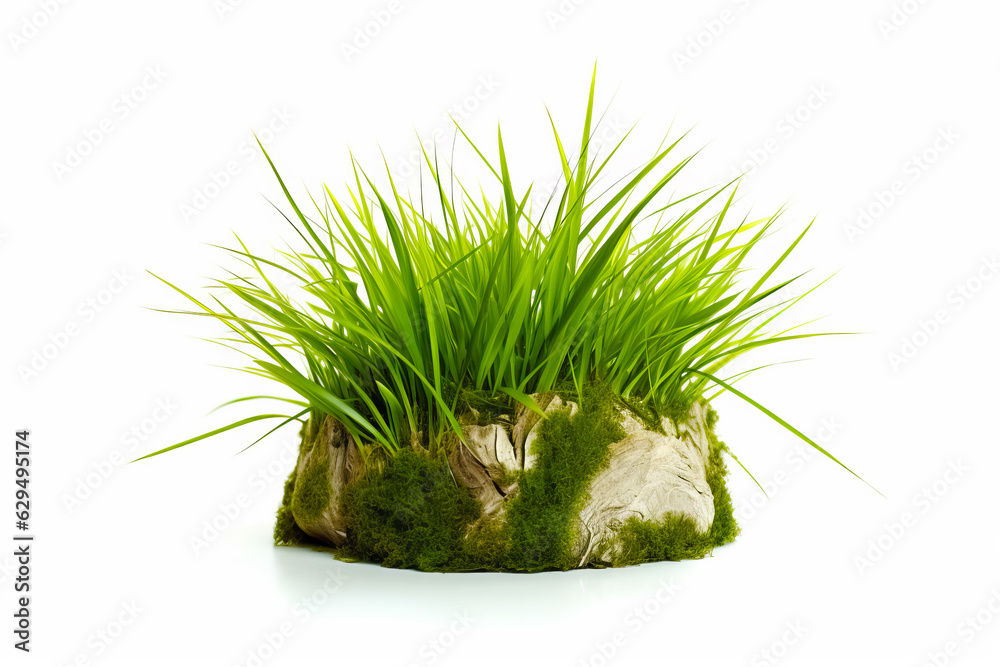 Rock with grass growing out of it on top of white surface.