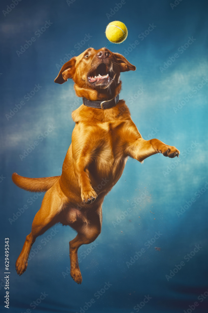 Dog jumping in the air to catch frisbee in its mouth.