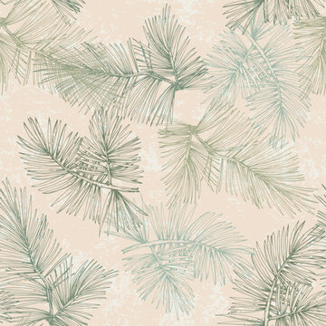 手绘冷杉树枝和悬挂装饰无缝图案，适用于圣诞横幅、壁纸、包装、纺织品 - 矢量设计