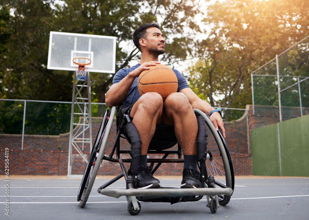 Sports, wheelchair and man with basketball at outdoor court for fitness, training and cardio. Exerci