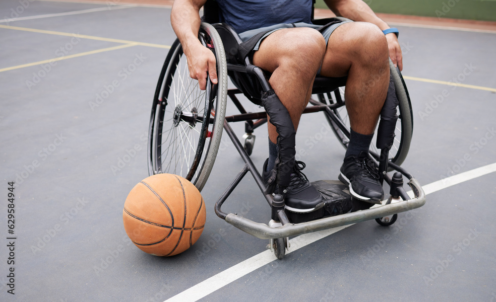 Wheelchair, sports and man with basketball at outdoor court for fitness, training and cardio. Exerci