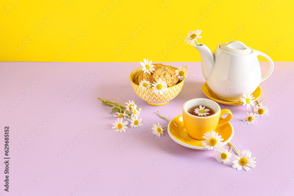 Teapot with cup of natural chamomile tea, cookies and flowers on pink table near yellow wall