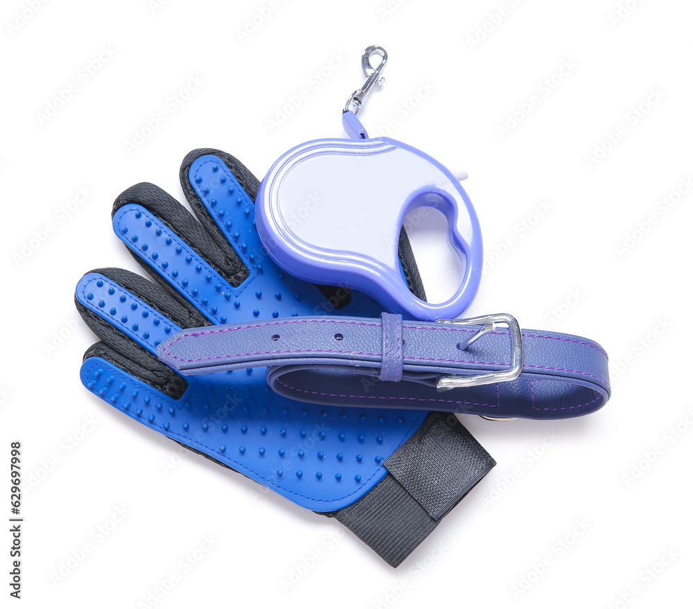 Pet collar, leash and grooming glove on white background