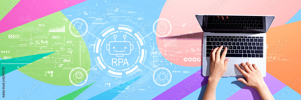 Robotic Process Automation RPA theme with person using a laptop computer