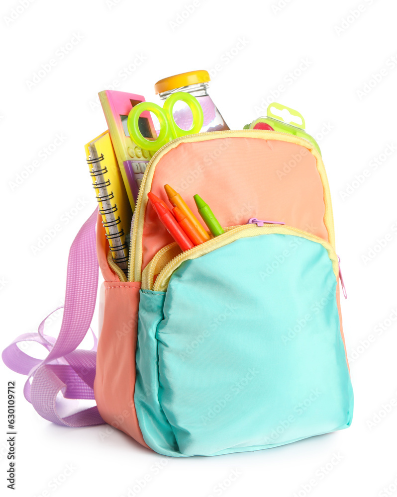 Colorful school backpack with bottle of water and different stationery on white background