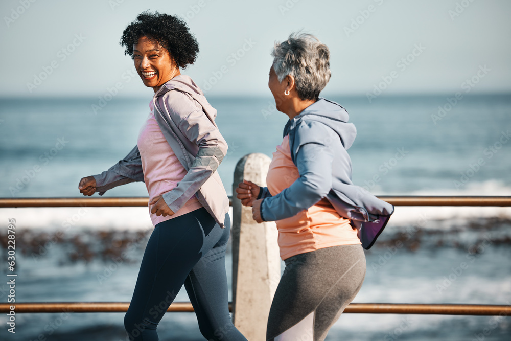 Fitness, running and senior women by ocean for healthy lifestyle, wellness and cardio on promenade. 