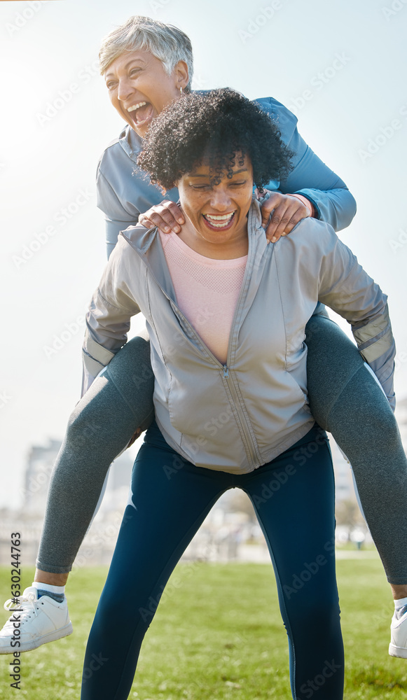 City, funny and senior friends piggy back together or women playing, crazy and laughing after outdoo