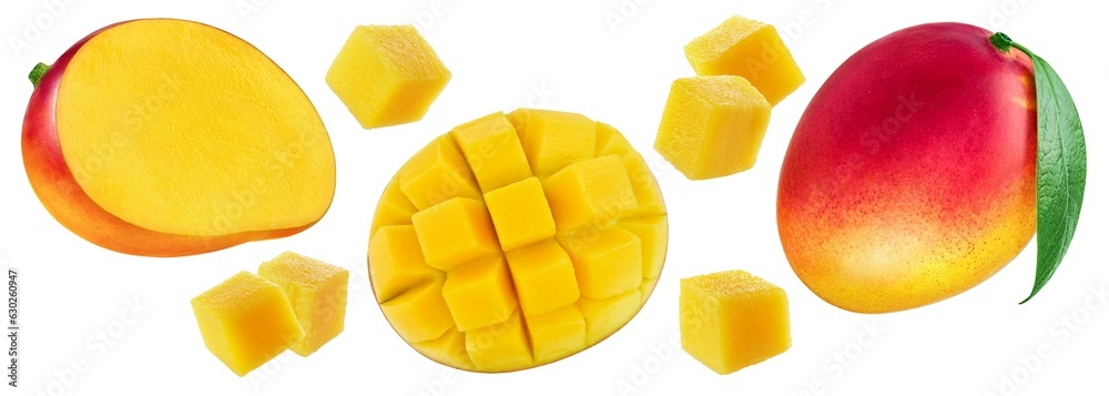 Mango and cubes with leaves isolated on white background, collection