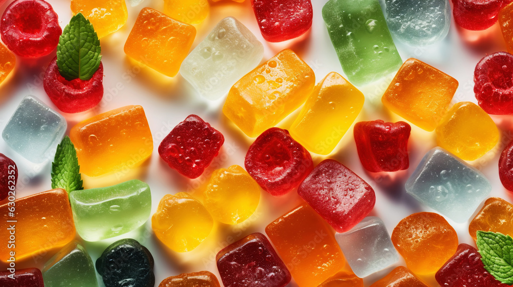 Fruit gummy candies background. Colorful sweet backdrop. Generative AI