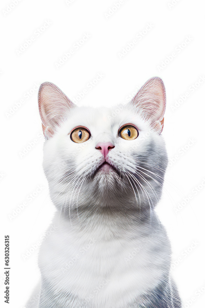 Close up of white cat with surprised look on its face.
