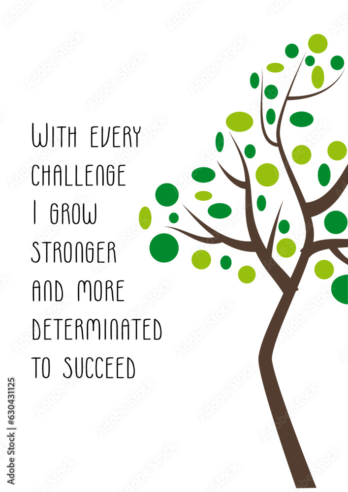 Part of woody plant with green leaves hanging on brown branch, quote affirmation with every challeng