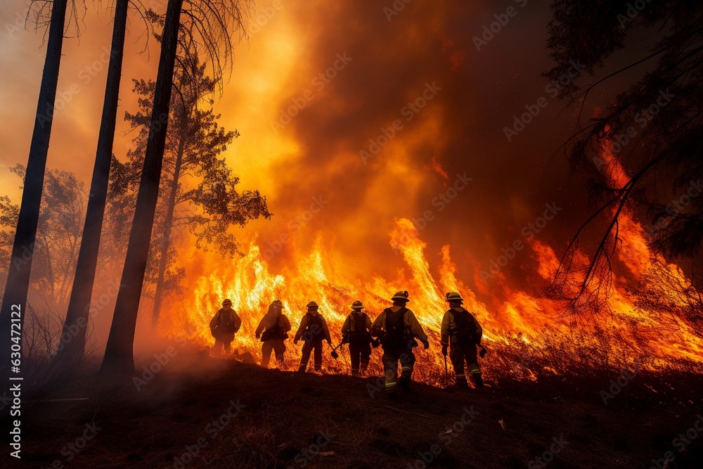 silhouette of firefighters against the backdrop of a burning forest.