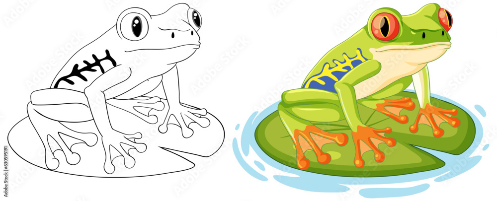 Outline Green Frog Cartoon on Lily Pad