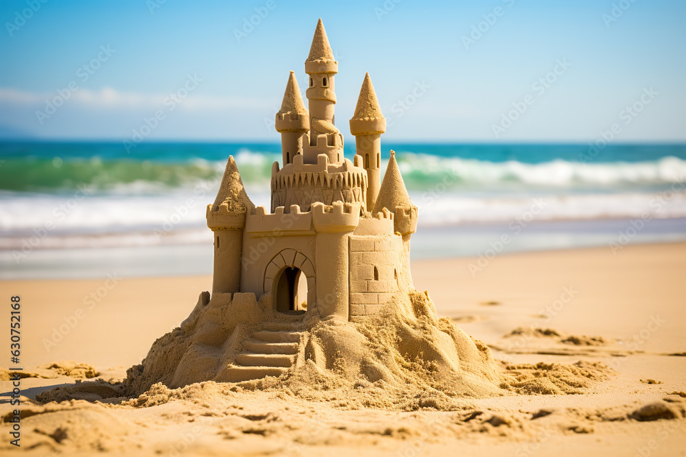 Sandcastle on the beach. Beautiful natural summer vacation holidays background. Travel tourism   bac