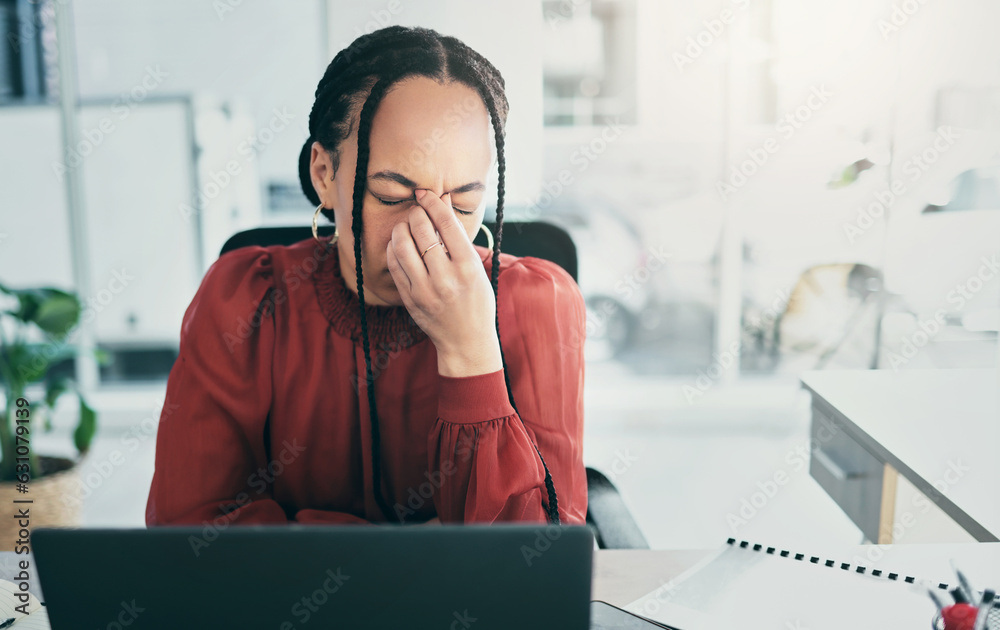 Mental health, headache and business woman frustrated with 404 error, secretary fail or administrati