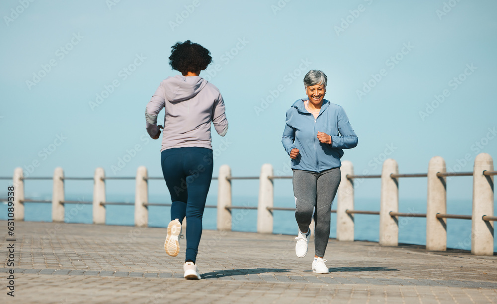 Running, fitness and senior friends by sea with mature women and smile from marathon. Exercise, work