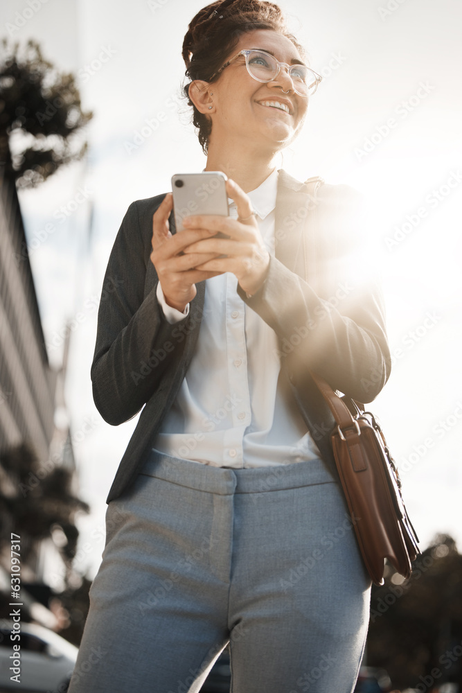 Employee, city and woman with a smartphone, smile and email with internet connection, social media a