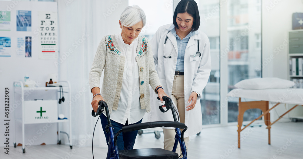Old woman, doctor and physiotherapy with walking frame for support, help and healthcare. Senior, med