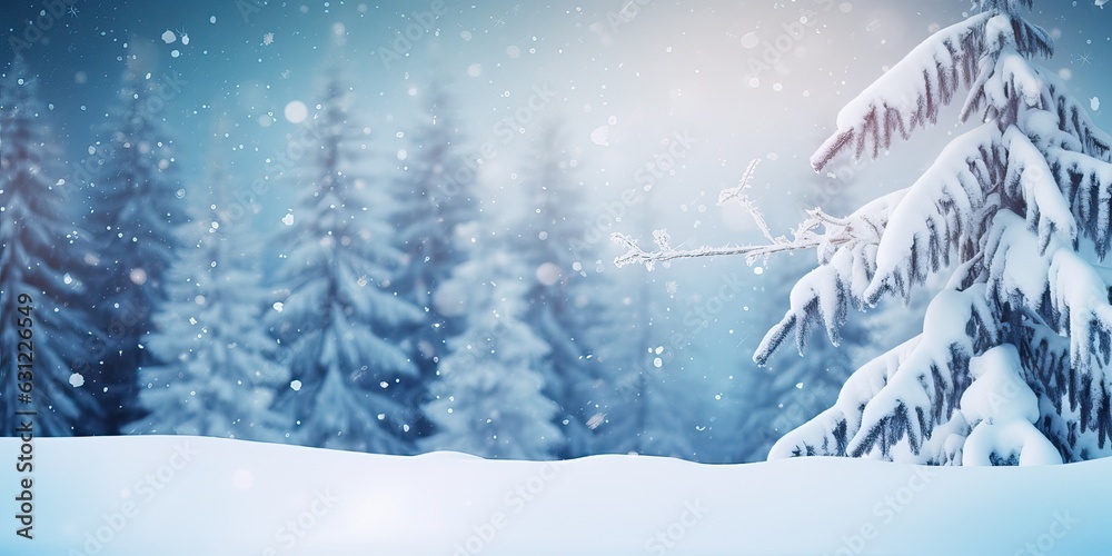 Beautiful winter background with snow-covered branches and snowdrifts against a blurry Christmas for