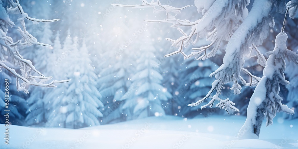 Beautiful winter background with snow-covered branches and snowdrifts against a blurry Christmas for