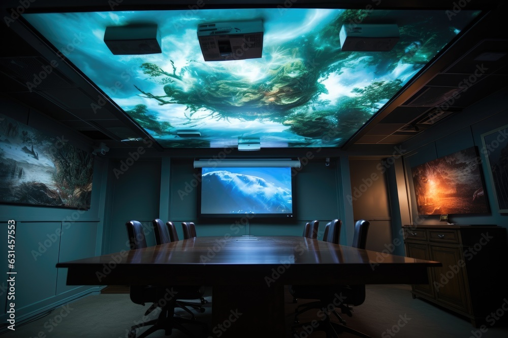 Overhead digital projector mounted on the ceiling of the boardroom.
