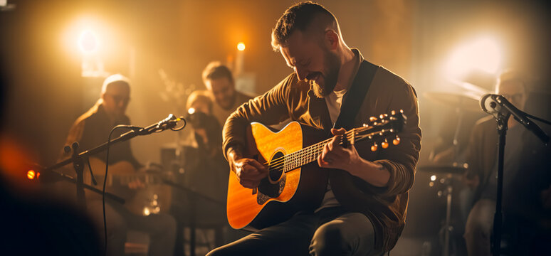 音乐乐队在音乐会舞台上表演。舞台上的吉他手作为背景，柔和且模糊的概念。音乐乐队在录音室中表演。数字人工智能