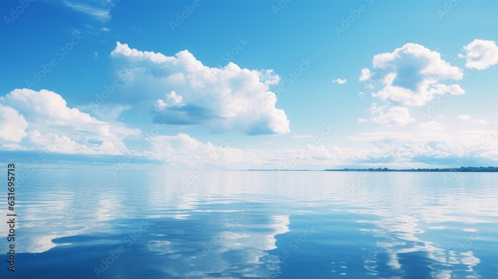 Panorama of calm ocean and blue sky with clouds reflected in the water. Beautiful landscape with clo