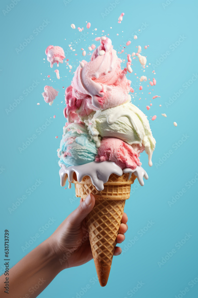 Hand holding big ice-cream in waffles cone on blue background